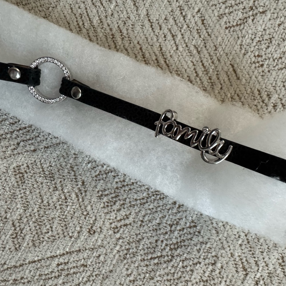 Origami Owl Black Leather Bracelet with Silver 'Family' Charm